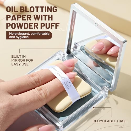 Image of Blotting Papers for Face with Mirror and Puff, 100 Count Bamboo Charcoal Oil Blotting Sheets for Oily Skin, Portable Compact for Purse, Travel, and On-the-Go Touch-Ups