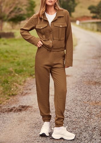 Image of PRETTYGARDEN Womens Two Piece Sets Fall 2026 Long Sleeve Button Down Shacket Jacket Long Sweatpants Tracksuit Winter Clothes