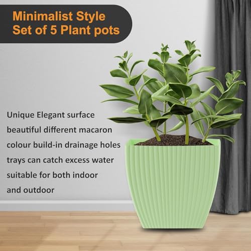 Image of ELUVIA 7-inch Square Planters with Saucers (Set of 5) - Modern Fluted Flower Pots with Drainage Holes and Trays - Premium Plastic Indoor Outdoor Plant Pots for Succulents, Flowers (Pista)