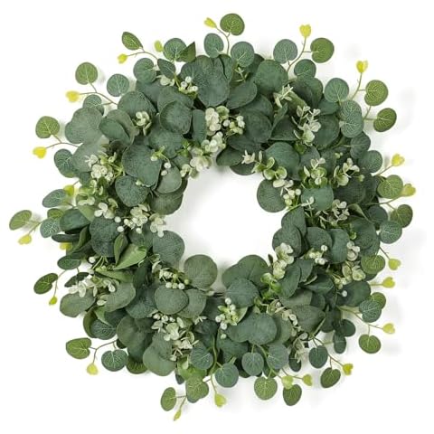 SOMYTING Green Eucalyptus Wreath, 20" Artificial Eucalyptus Leaves Wreath with with White Flowers Eucalyptus Leaves Gypsophila Garland Spring/Summer Wreath for Front Door Wall Window Home Decor Cover