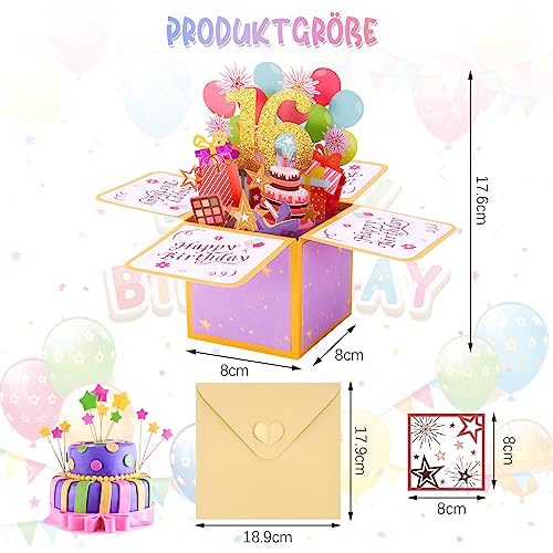Geburtstagskarte,3D Pop Up Karte Geburtstag Pop Up Grußkarten Glückwünsche Geburtstagskarten mit Umschlag für Mama Frauen Männer Romantik Geschenk-Karte zum 16.Geburtstag (16th)