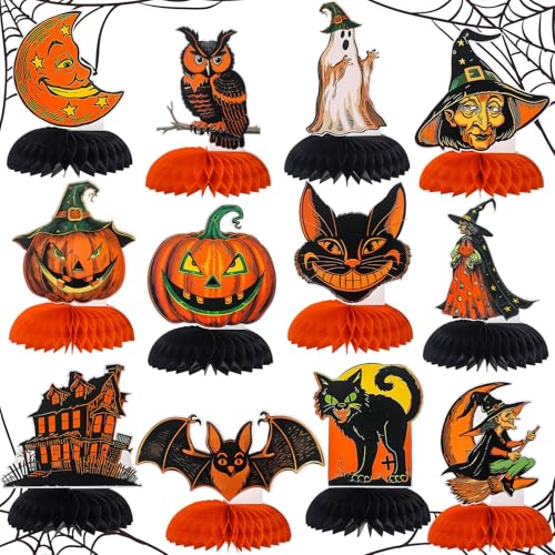 AmazingSpark 12 Pcs Vintage Halloween Honeycomb Centerpieces for Table Vintage Halloween Party Decor Retro Jack O Lantern Cat Owl Witch Pumpkin Classic Orange Black Table Home Decor for Party School