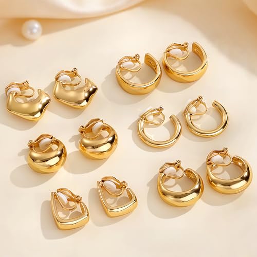 Image of Gold Clip On Hoop Earrings for Women, 18K Gold Plated Eco-Friendly Alloy Non-Pierced Ear Clips, Hypoallergenic Sustainable Fashion Jewelry for Daily & Party Wear