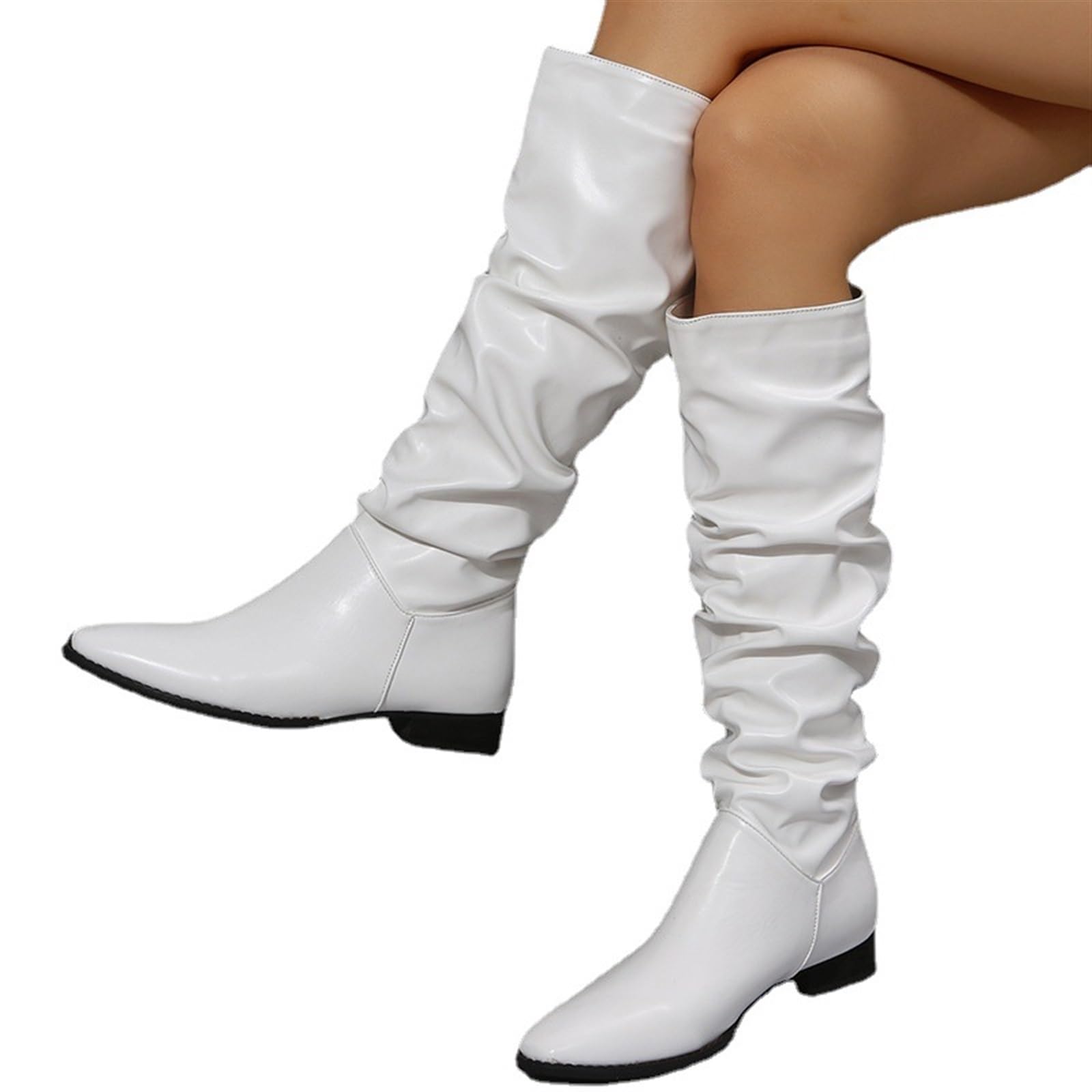 POWER ビンテージ　レザー ロングブーツ ホワイト　26.5センチ相当 Amazon.co.jp: レディースファッションソリッドカラーレザーしわポイン