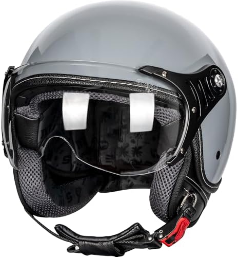 Yesmotor 3/4 Motorcycle Helmets Retro Open Face Vespa Scooters Helmet with Clear Visor for Men and Women- DOT Approved(Gray,M)