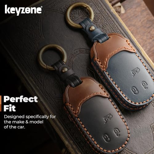 Image of keyzone dual leather key cover compatible for Jeep Compass, Compass Trailhawk smart key (BlackBrown)