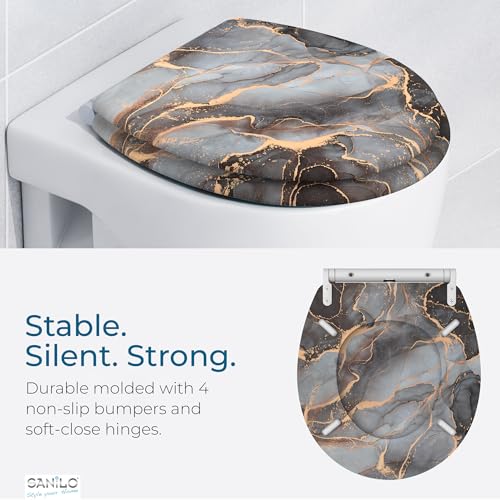 Image of Sanilo Wooden Toilet Seat with Quick Release & Soft Close [ROUND] - Decorative & Slow Close Molded Wood Seat - With One Click for Easy Installation & Cleaning - With Adjustable Fit (Marble Abstract)