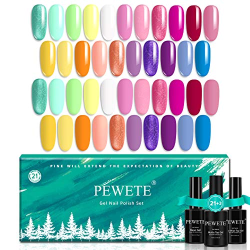 PEWETE Gel Nail Polish Kit 21 Pcs Cyan Greenyellow Mediumpurple Glitter Pink Orange Dodgerblue White Spring & Summer Color Soak Off Gel Nail Kit Nail Art