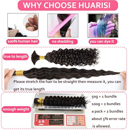 Huarisi Human Braiding Hair 100g 26 Inch Water Wave Bulk Human Hair for Boho Bohemian Knotless Braids Wet n Wavy Virgin Hair Extensions (2x50G/Bundle,Natural Color) - Image 4