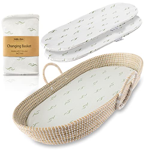 baby bassinet basket - Kiddo Vibes Baby Changing Basket Set - with Thick Pad & 3 Bamboo Jacquard Covers. Organic Moses Basket for Babies - CPSC Compliant, Premium Changing Table Topper for Dresser - Unique Baby Shower Gift