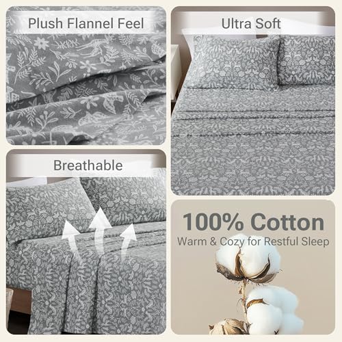 Image of True North by Sleep Philosophy Flannel Sheets Queen Size, Cozy 100% Cotton Flannel Bed Sheets, Ultra Soft Cute Sheet Set, Novelty Print Themed Cold Weather Warm Bedding Set, Sage Winter Fauna, 4 Piece