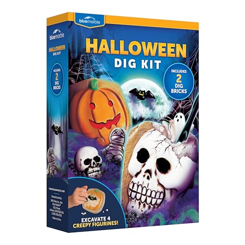 Blue Marble Halloween Dig Kit – Excavation Set with Skull & Pumpkin Dig Bricks, Includes Ghost, Mummy, Bat & Skull Figures, for Kids, Boo Basket Stuffers, Hands-On Activity