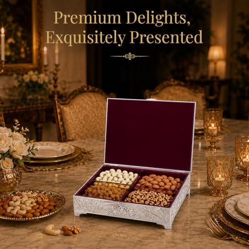 Image of Diviniti Decorative Silver Embossed Dry Fruit Box with 4 Compartments | Premium Ivory Designer Storage Box for Dry Fruits, Nuts, Chocolates & Sweets | Elegant Home Decor & Festive Gift Box