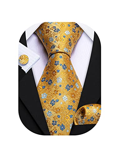 Image of Barry.Wang Flower Ties for Men Silk Woven Floral Tie Sets Necktie Handkerchief Cufflinks Wedding Party