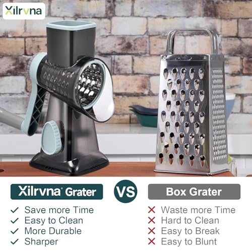 Image of Rotary Cheese Grater with Handle Kitchen Shredder Slicer Grater Slicer Ice Shaver Cheese Vegetable Nuts Potato Zucchini Chocolate 3 Interchangeable Blades (GreyBlue