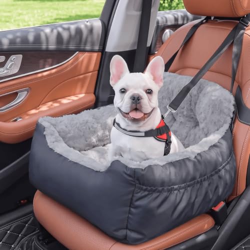 Oiilores Dog Car Seat for Small Dogs Washable Pet Booster Seats with Clip-On Safety Leash Comfy Deluxe Plush Carseat with Storage Pockets Puppy Car Travel Carrier Bed for Dogs Under 25 lbs Grey