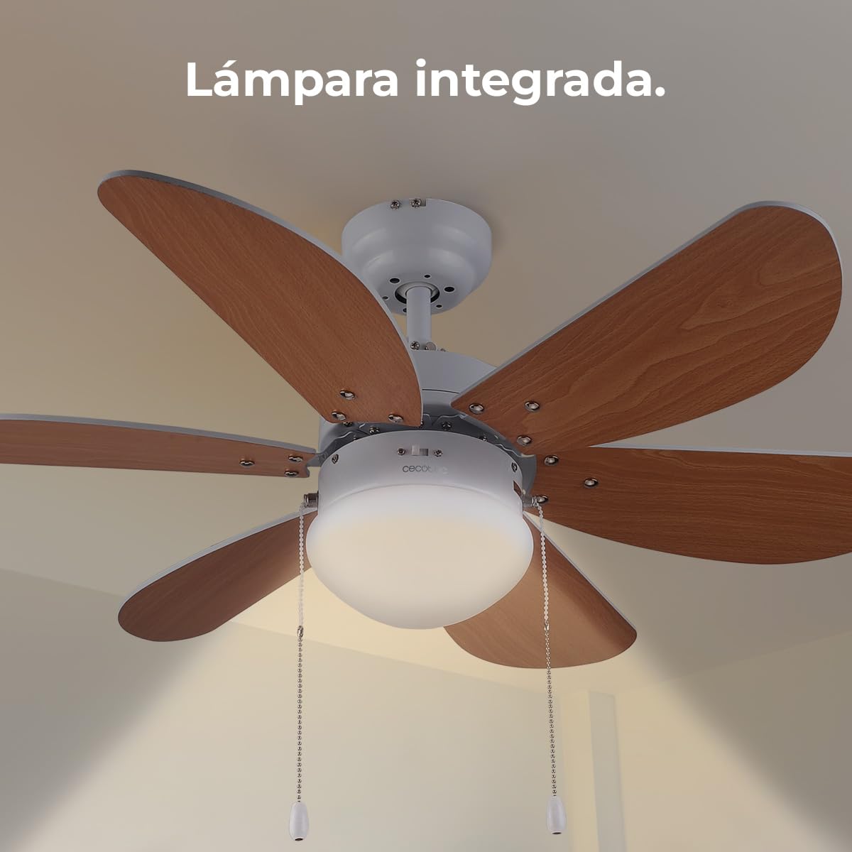 Cecotec Ventilador de Techo con Luz EnergySilence Aero 360. 50 W, Bajo consumo, 91 cm de Diámetro, 6 Aspas Reversibles, 3 Velocidades, Función Invierno, Acabado en blanco/madera, Bombilla No Incluida