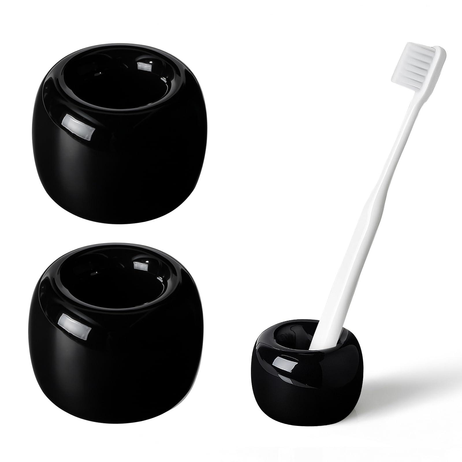 AirMoon Mini Ceramic Toothbrush Holder for Bathroom - Black Small Countertop Organizer, Easy Clean Toothbrush Stand, Suit for Electric Toothbrush Head, Pens & Coffee Spoon, Pack of 2