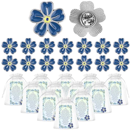 15 Sets Forget Me Not Gifts Pin Badge Alzheimer's Dementia Awareness Brooch with Memorial Poem Cards & Organza Bags for Celebration of Life Funeral Memorial Favours Charity Event Fundraise