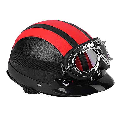 Demi-Casque, Casque Jet Ouvert, mi-Cuir, Casque de Moto Ouvert, Casque Moto Homme Universel avec visière UV pour Moto Scooter Femme Adulte(Rouge)
