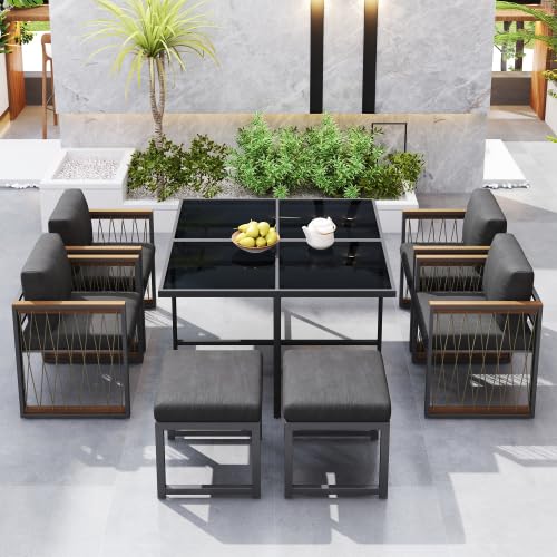 Merax Ensemble de meubles de jardin - Table de jardin avec 6 chaises et 2 repose-pieds - Table à manger carrée en verre trempé - Ensemble de meubles...