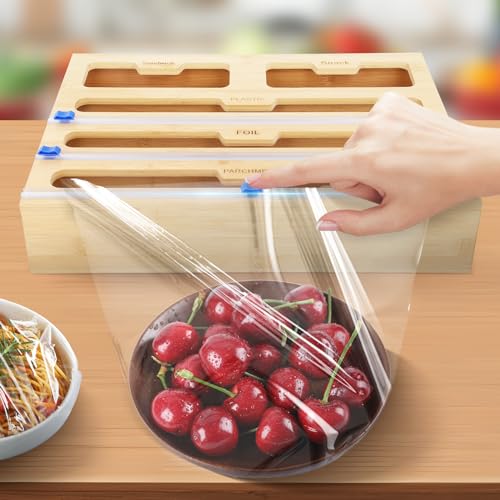 Bamboo 40 cm rotolo da cucina pellicola trasparente e organizer in alluminio – dispenser 5 in 1 taglierina per cassetto