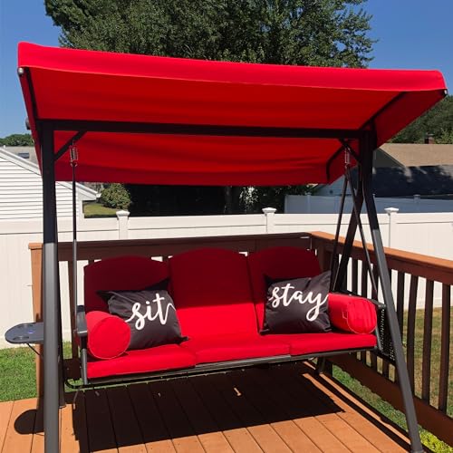 Image of PURPLE LEAF 3-Seat Outdoor Patio Porch Swing with Adjustable Tilt Canopy, Cushions and Pillow Included, Terra