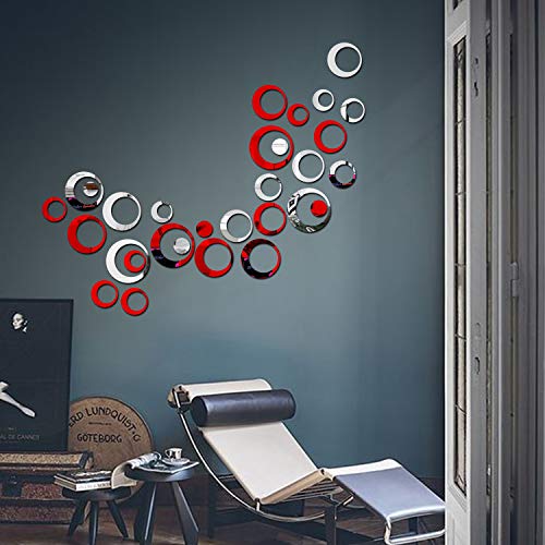 Image of Bikri Kendra -12 Ring Silver 12 Red 3D Acrylic Mirror Wall Decor Stickers - for Drawing Room Living Room Bedroom Kids Room Home & Office Sticker