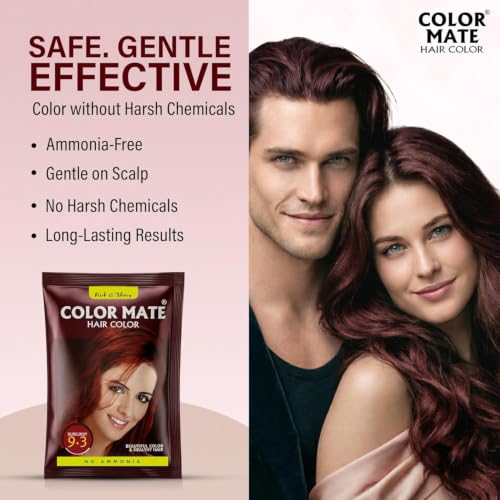 Image of Color Mate Natural Henna Hair Color Powder Burgundy | No Ammonia Hair Colour | Long Lasting Natural Color | Soft, Smooth & Shiny Hair | 8 Minute Application | 15g | Pack of 10