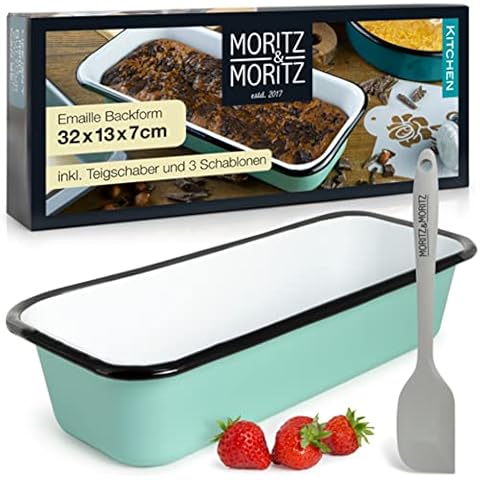 Moritz & Moritz Loaf Tin Cake 32 cm Enamel - Rectangular Baking Tin for Cakes, Toast Bread or Bread - Includes Dough Scraper, 3 Decorative Stencils and Recipe Book Cover