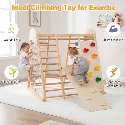 Image of Costzon Indoor Playground, 8-in-1 Foldable Indoor Jungle Gym for Kids | Montessori Jungle Gym Beech Wood Climbing Toys for Toddlers w /Slide, Monkey Bars, Playground Climber Playset for Kids Gifts