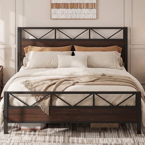 Image of LIKIMIO King Bed Frame, Tall Industrial Headboard 51.2 inch, Platform Bed Frame with Strong Metal Support, Solid and Stable, Noise Free, No Box Spring Needed, Easy Assembly, Dark Brown