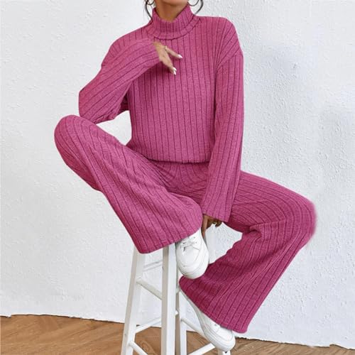 XINGJIAARTS Sweater Sets For Women 2 Piece Turtleneck Long Sleeve Tops Wide Leg Pants Matching Set Streetwear Lounge Pajama Hot Pink XX-Large (xx_l) - image 3