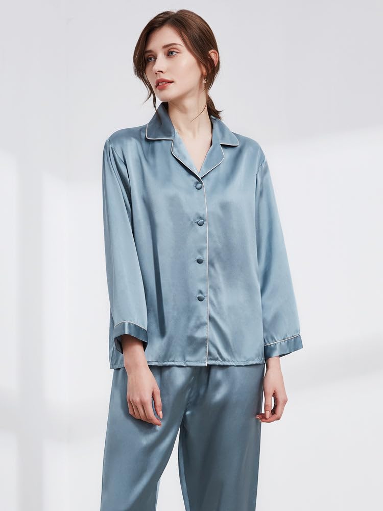 Ginell Tranquility Series - Conjunto de pijama de seda para mujer, 100 % seda de morera, colores lisos, botones frontales, conjunto de pijama de 2 piezas