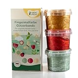 GRÜNSPECHT Fingermalfarbe Glitzer, Fingerfarben Set für Kinder, 3 x 90 g, schadstofffrei, vegan, wasserlöslich, cremige Farben zum Basteln, rot, grün, gold (698-V1)
