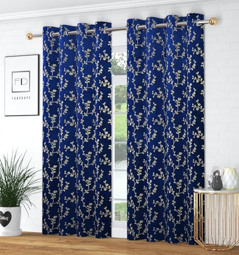 Image of Heavy Velvet Fabric Room Darkening Floral Design Curtains 11 Feet for Extra Long Door, Navy Blue, Pack of 2 Pieces