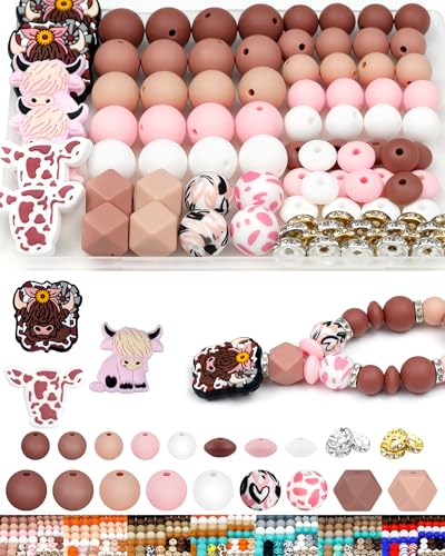 112PCS FIVEIZERO 12mm 15mm Cow Focal Silicone Beads for Keychain Making Round Lentil Hexagonal Print 10mm Rhinestone Rondelle Spacers Beads for Bracelet Pens Necklace Crafts(Pink Brown)