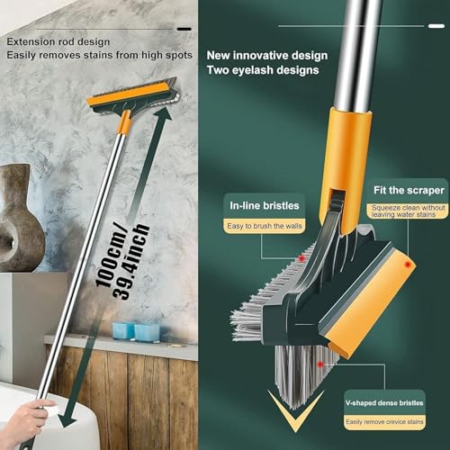 Image of 3-in-1 Bathroom Toilet Cleaning Brush with Wiper | Long Handle Floor & Bathroom Tile Scrubber | 120 Rotating Head | Multipurpose Home & Kitchen Cleaning Brush