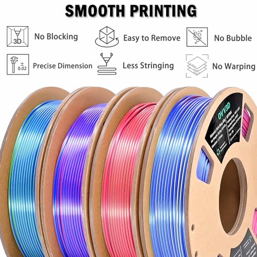Image of OVV3D 3D Printer Filament Bundle, PLA Filament 1.75mm+ /- 0.02mm, 4 Pack of Dual Color & Tri Color PLA Filament Coextrusion Silk PLA, Rainbow PLA Filament 3D Printing Filament, 4 Spool X 200g