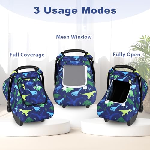 Image of Windproof Baby Car Seat Cover, 3D Mink Dot Infant Car Seat Canopy with Breathable Mesh Window, Baby Carrier Cover for All Seasons, Easy Access Carseat Carrie Snug Fit Stroller, (Dinosaur)