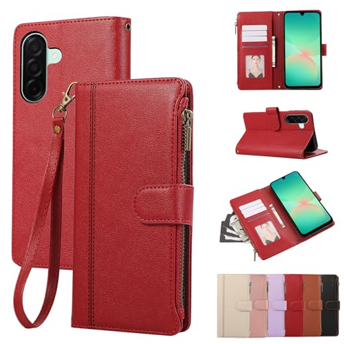 Rosbtib Custodia per Samsung Galaxy A16/Galaxy A26 2025 6.7' Custodia in Pelle Chiusura Magnetica a Zip Cover Portafoglio con 4 Slot per Schede Funzione Stand Retro Galaxy A16/A26 Cover, Rosso