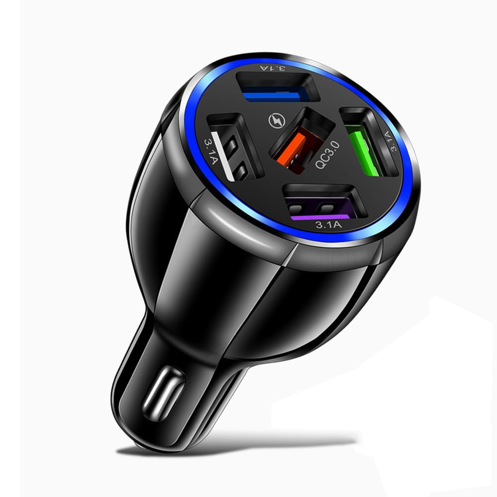Alanph Car Charger Adapter, 5 Port QC3.0 Fast Charging Car Cigarette Lighter USB Charger, Compatible with iPhone, Android, Samsung, iPad Pro, and More