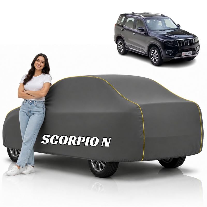 Image of Mind-Blowing 2026 100% Waterproof Scorpio N Car Cover | Polyester Car Body Cover for Rain & Sun | UV Protection, Dustproof, Scratch Resistant, Windproof, Heat Resistant, Custom Fit (Grey)
