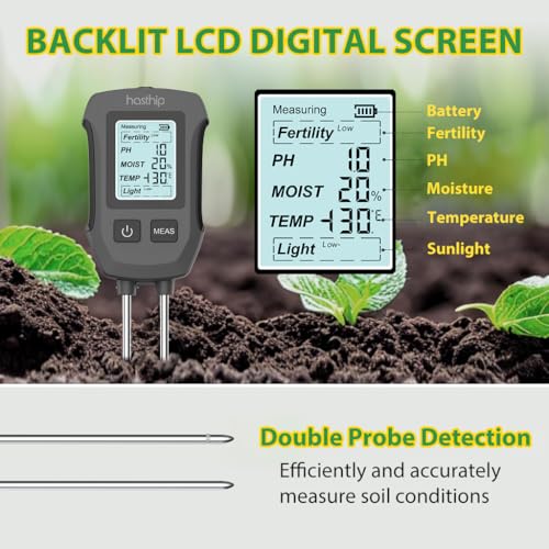 Image of HASTHIP 5 in 1 Soil Meter Dual Probes Soil Moisture Meter for Fertility Moisture Temperature pH Sun Light LCD Digital Display Tester for Precision Agriculture Garden Plants (No Battery