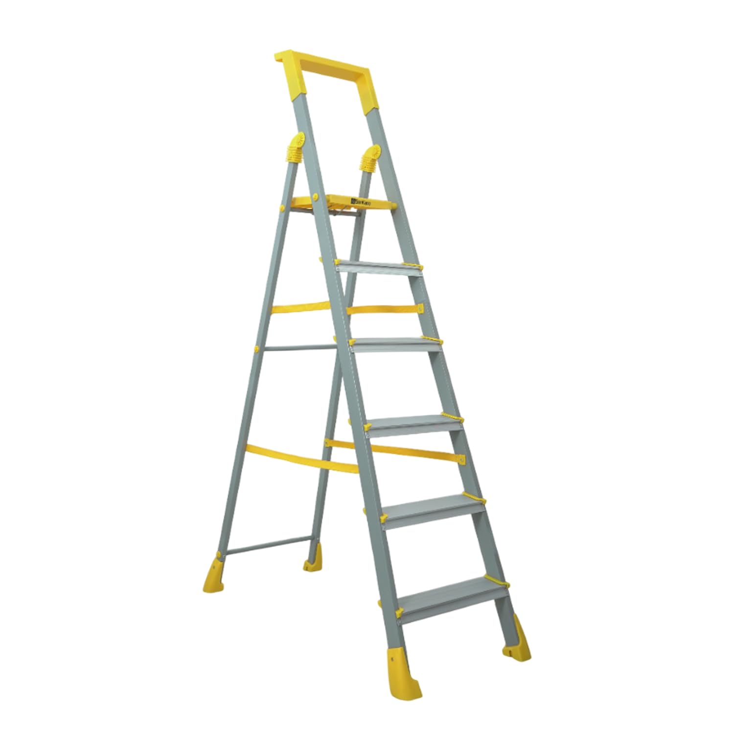BonKaso Climb Lite Pro+ 6 Step - Foldable Ladder with Tool Tray (125W x 185H Cm)| Heavy-Duty, Anti-Slip & Firm Grip, Load Capacity Upto 120kg | Durable & Portable (Aluminium Steps, Yellow & Satin)