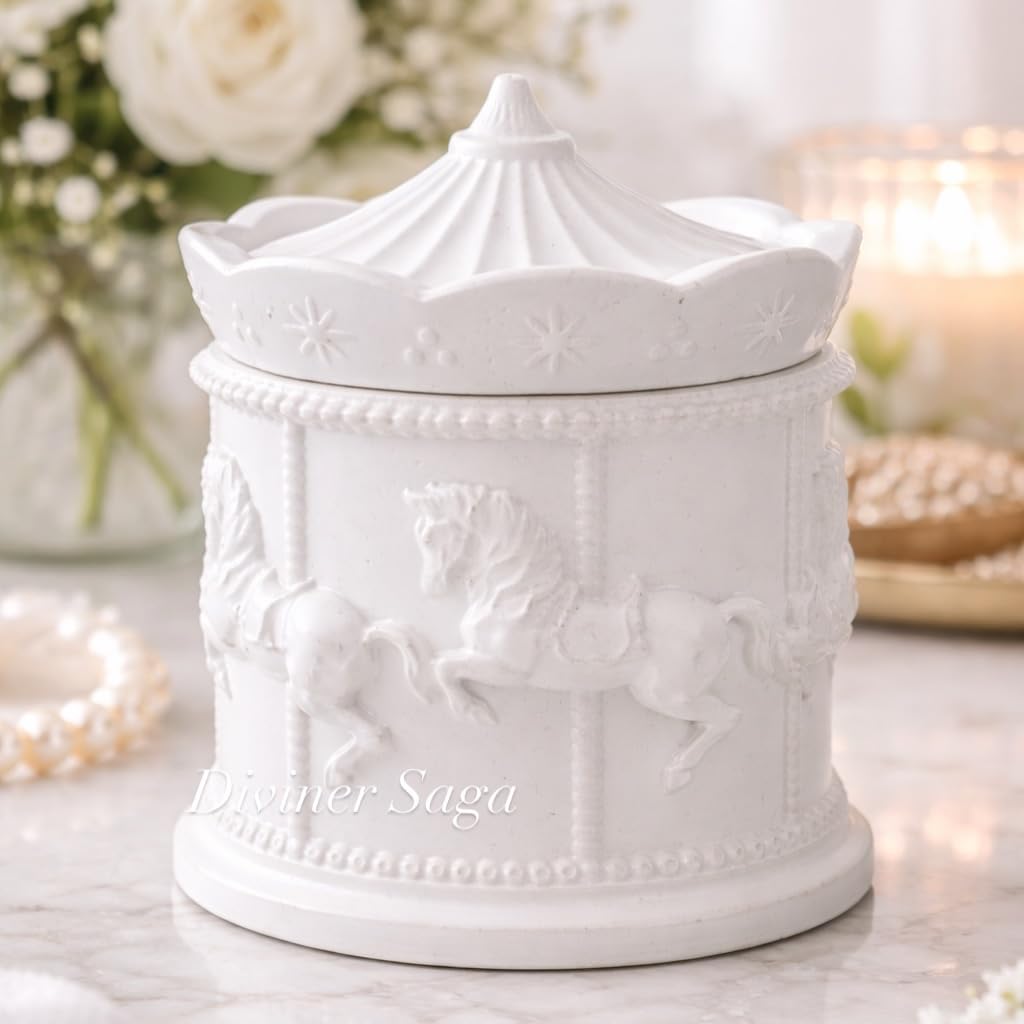Diviner Saga® Handmade Concrete Carousel Jar Box | 11 cm | Baby Shower & Return Gift I Horse jar box Decorative Storage Box for Candles, Trinkets & Gifting (Plain White)-image-28