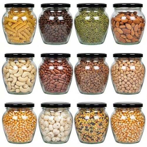 Image of Kitchen Glass Jar Containers Airtight Storage 350ml Glass Jars Clear Glass Storage Jar Glass Spice Jar Containers Glass Jars for Storage Glass Jar for Pickle Pack of 6