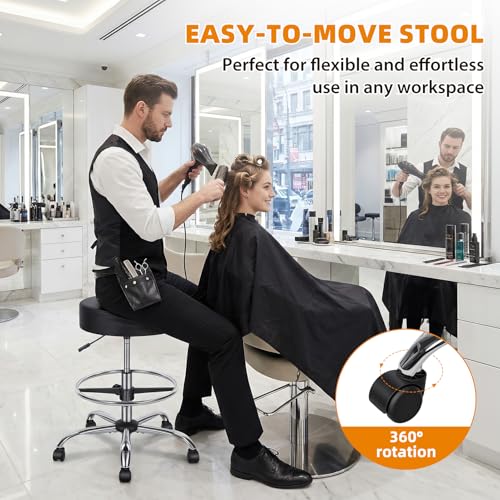Image of Drafting Chair, Height Adjustable Rolling Work Stool with Footrest Ring, Faux Leather Padded Seat Heavy Duty 250lbs for Office Workshop Garage (Black-E)