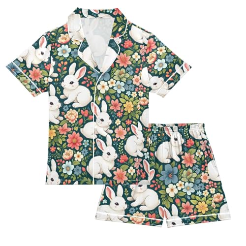 ALAZA Cute White Rabbit Floral Pajamas Satin Pajama Set Short Sleeve Button Down Sleepwear