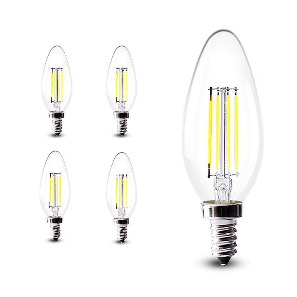 Chao Zan E14 LED Filament Candle Bulb 4W, 400Lumen, AC220V Cool White 6000-6500K, 40W Incandescent Equivalent, C35 LED Small Edison Screw Light Bulb, 4 Pack